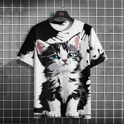 Sommer Rundhals 3D Katzenprint Top Modische Lässige Kurzarm Herren T-Shirts