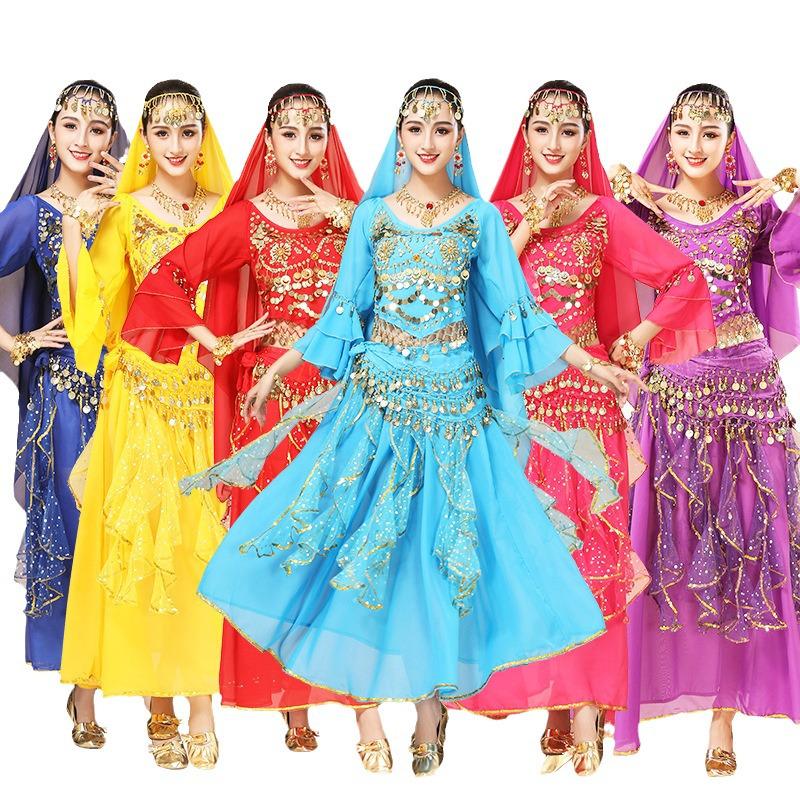 Costum Dans din Buric pentru Femei - Set Etnic de Performanță cu Fustă cu Mâneci Clopot