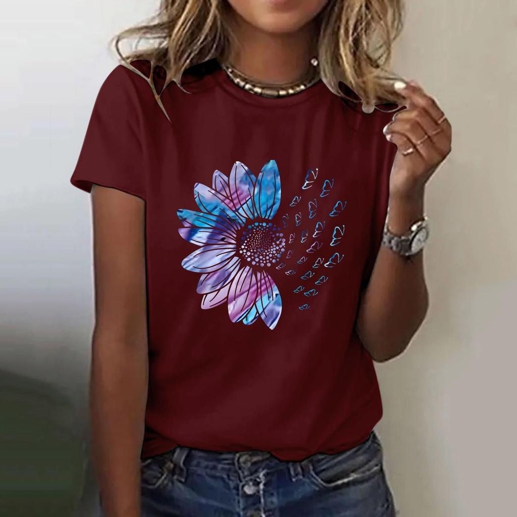 Women's Casual Floral Print Short Sleeved T-shirt With Round Neck  Top