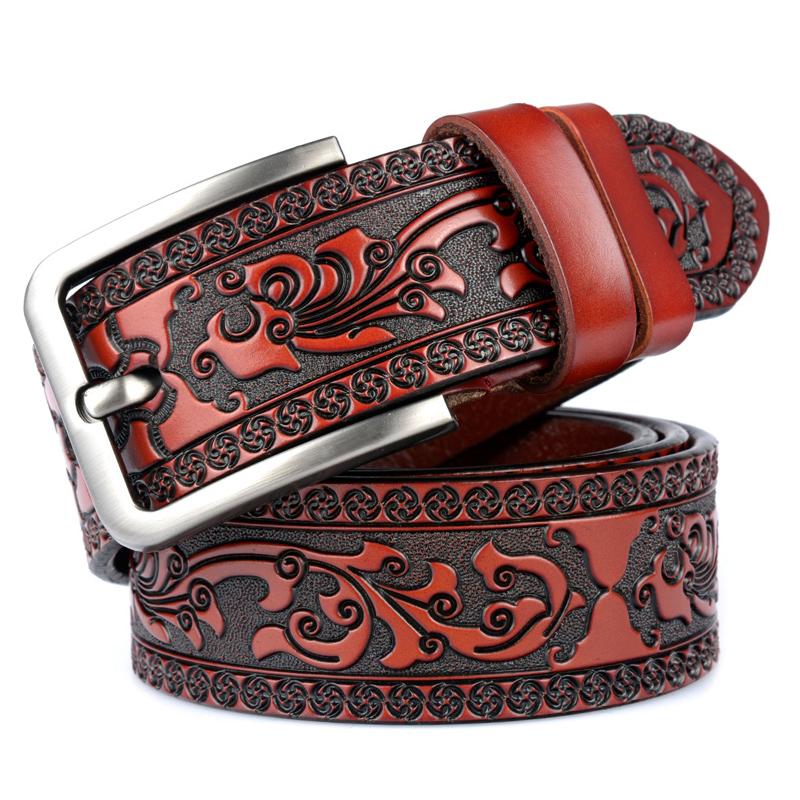 Cow Leather Embossing Belt Male Classic Vintage Pin Buckle Strap