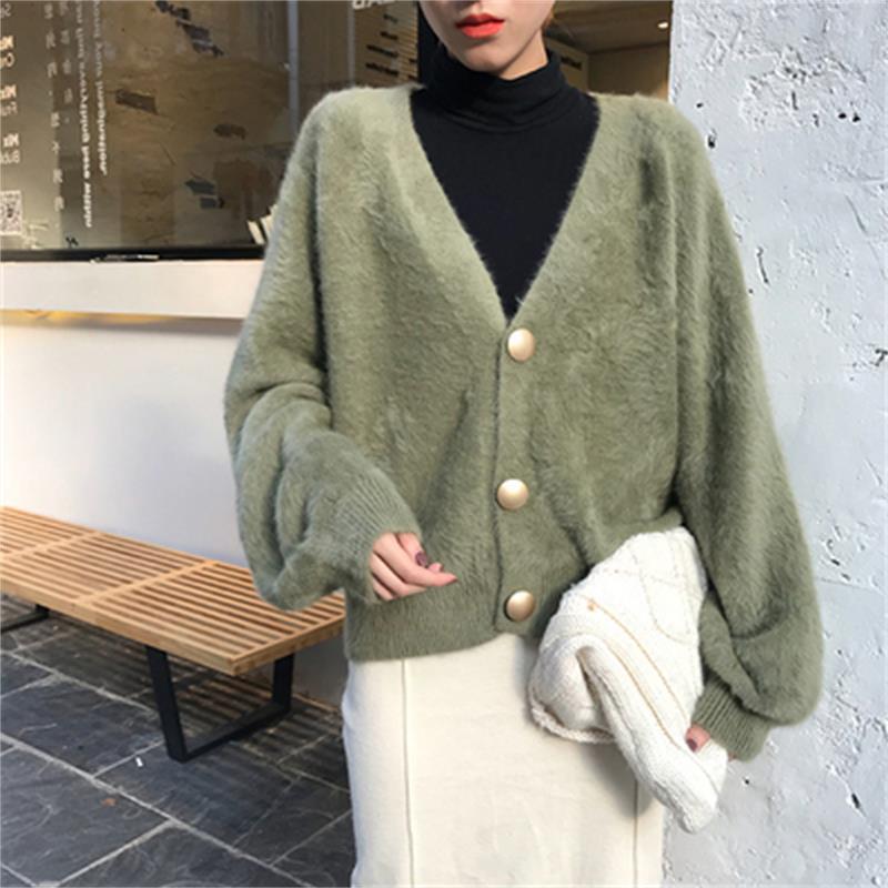 European and American style imitation mink velvet solid color loose lazy wind V-neck autumn and winter large size knitted sweater jacket women