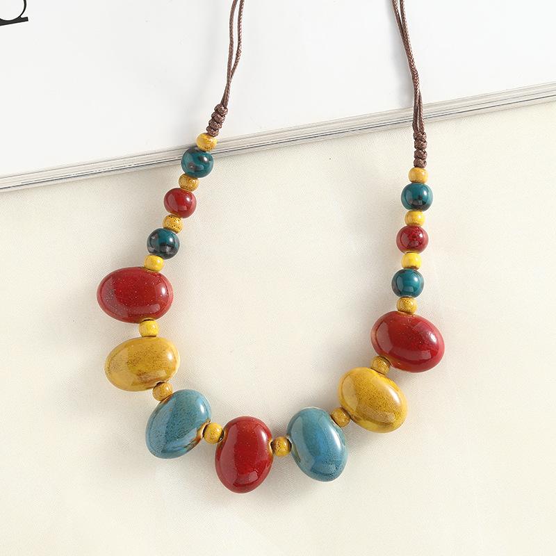 Cobblestone Shape Ceramic Bohemia Bead Necklace Vintage Pendant Jewelry Accessory