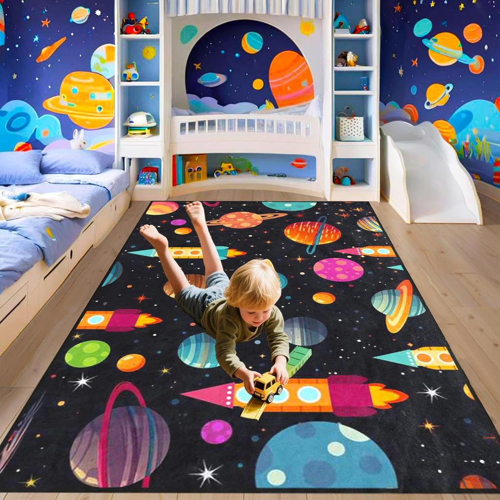 Cartoon Outer Space Rug for Kids Bedroom, Galaxy Planet Solar System Carpet, Educational Rockets and Satellites Play Mat