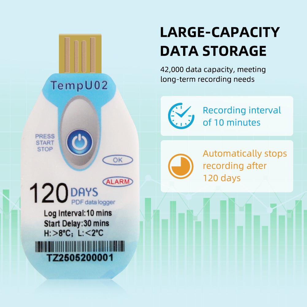 USB Disposable Temperature Data Logger 120/180 Days Recording PDF Report Over Temperature Alarm Cold Chain Monitoring