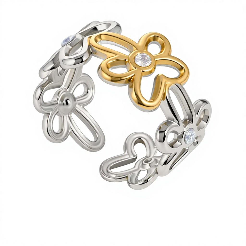 Hollow Floral Open Cuff Ring Stainless Steel 18K Gold Plated Dainty CZ Statement Ring for Women Gift