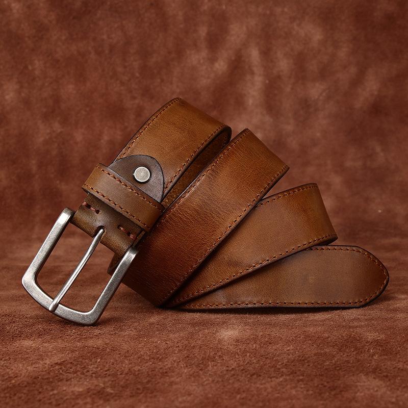 Men's Belt Retro Rub Colored Distressed Pleated Genuine Cattlehide Leather Surface Denim Casual Working Pants Belt