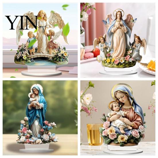 Decorative Desk Ornament Virgin And Angel Ornament, 2D Acrylic Religious with Faith Based Gift Item Base, Catholic Table Centerpiece, Christian
