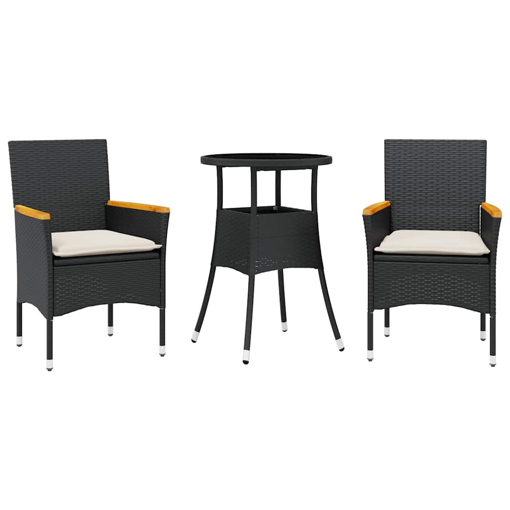 3 Piece Outdoor Dining Set with Cushions Black Poly Rattan Glass Table