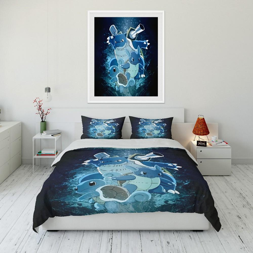 Gift for Anime Fans Pokemon Squirtle Printed Bedding Set 3PC Duvet Cover Adult Kids Gift Full Size Bedding Set Home Bed Decor