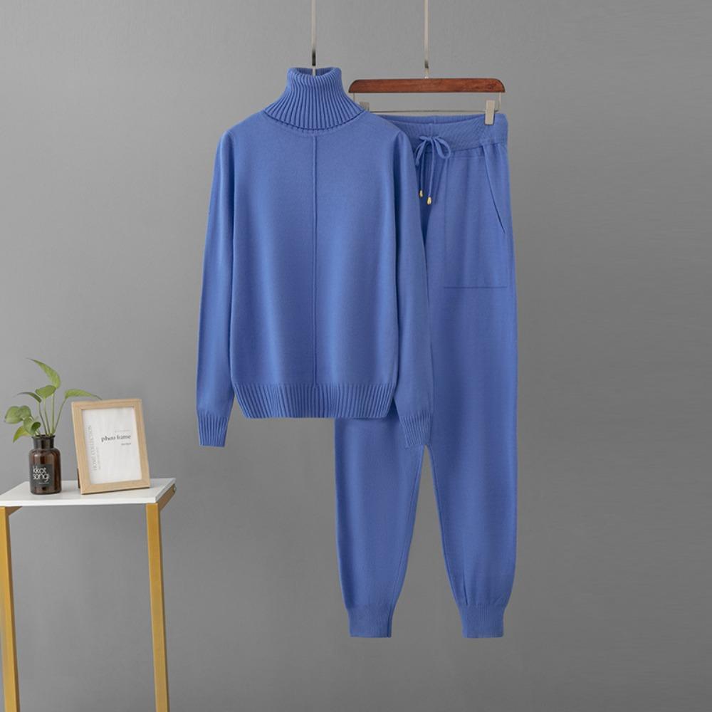 Women 2 Piece Sets Candy Color Knitted Turtleneck Knitwears Sweater Pullover Tops High Waist Casual Harem Pants Outfit