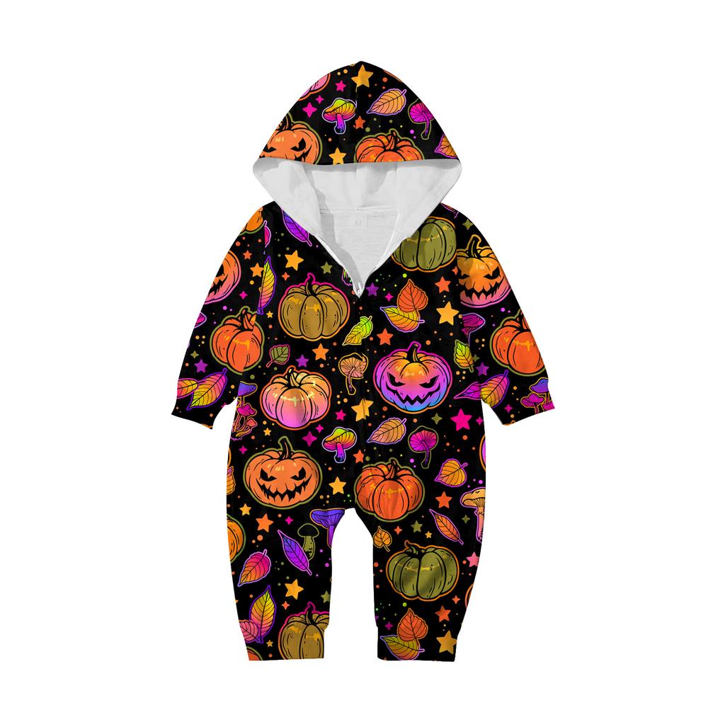 Halloween Printed Family Matching Hooded Long Sleeved Zippered Hooded  Jumpsuit Set