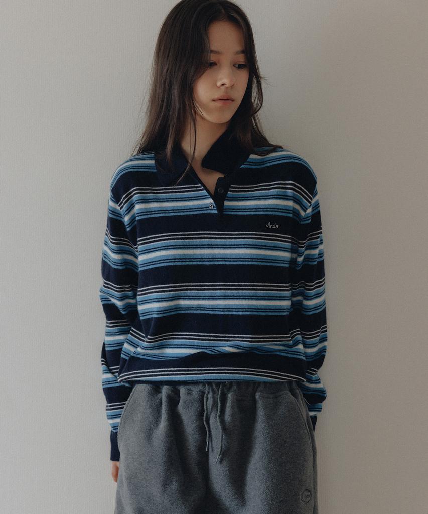 ANDNEEDS Figaro Stripe Polo Knit (Navy)