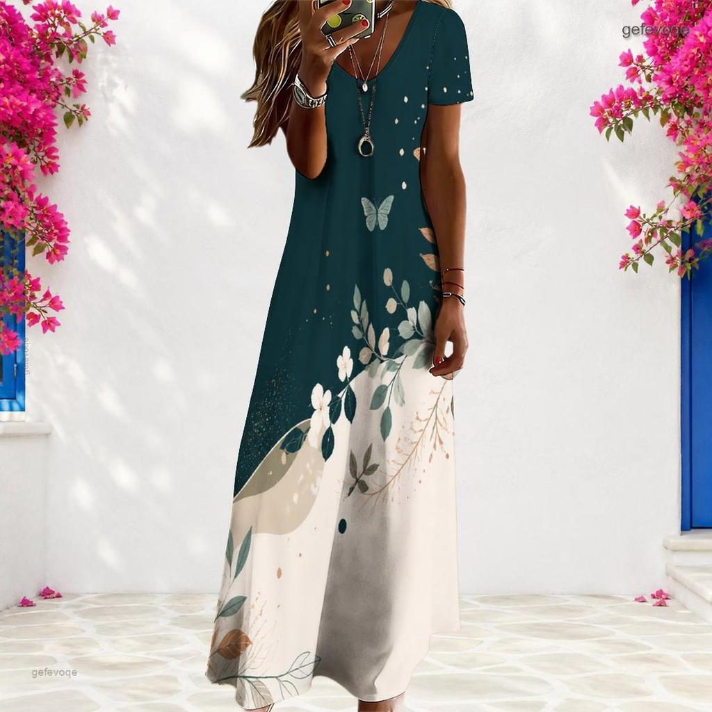 Women Plus Size V Neck Short Sleeve Butterfly Floral Printed Straight Maxi Dress