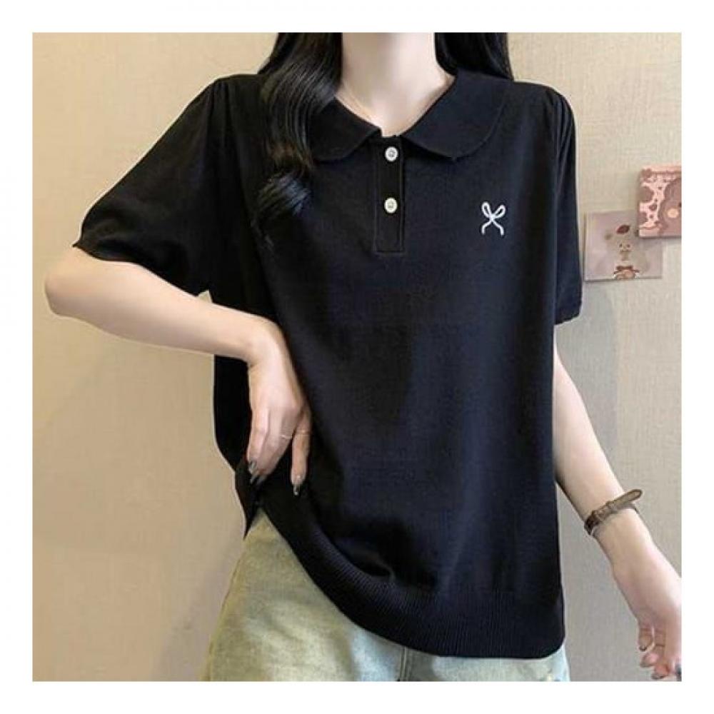 Navava Women Simple Plain Ribbon PoinT Collar ShorT Sleeve KniT T shirT Nk2260