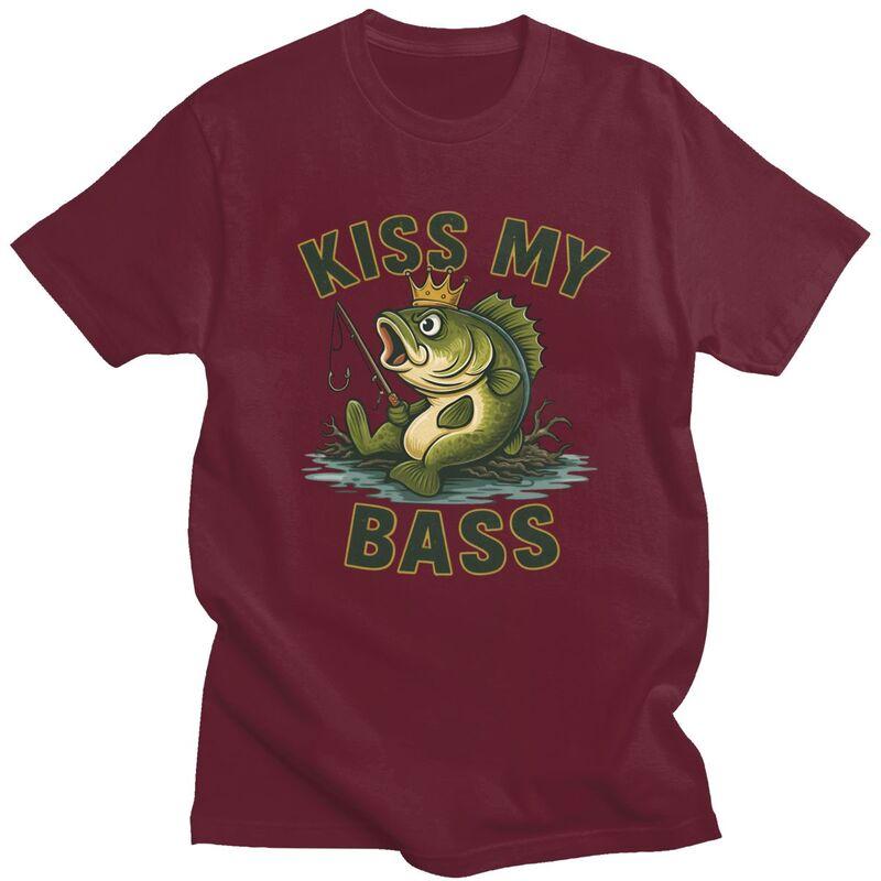 Kiss My Bass Tshirts for Men Short Sleeves T Shirt Cool Angler Fishing Lover Tshirts Pure Cotton Tees Valentines Day Gift