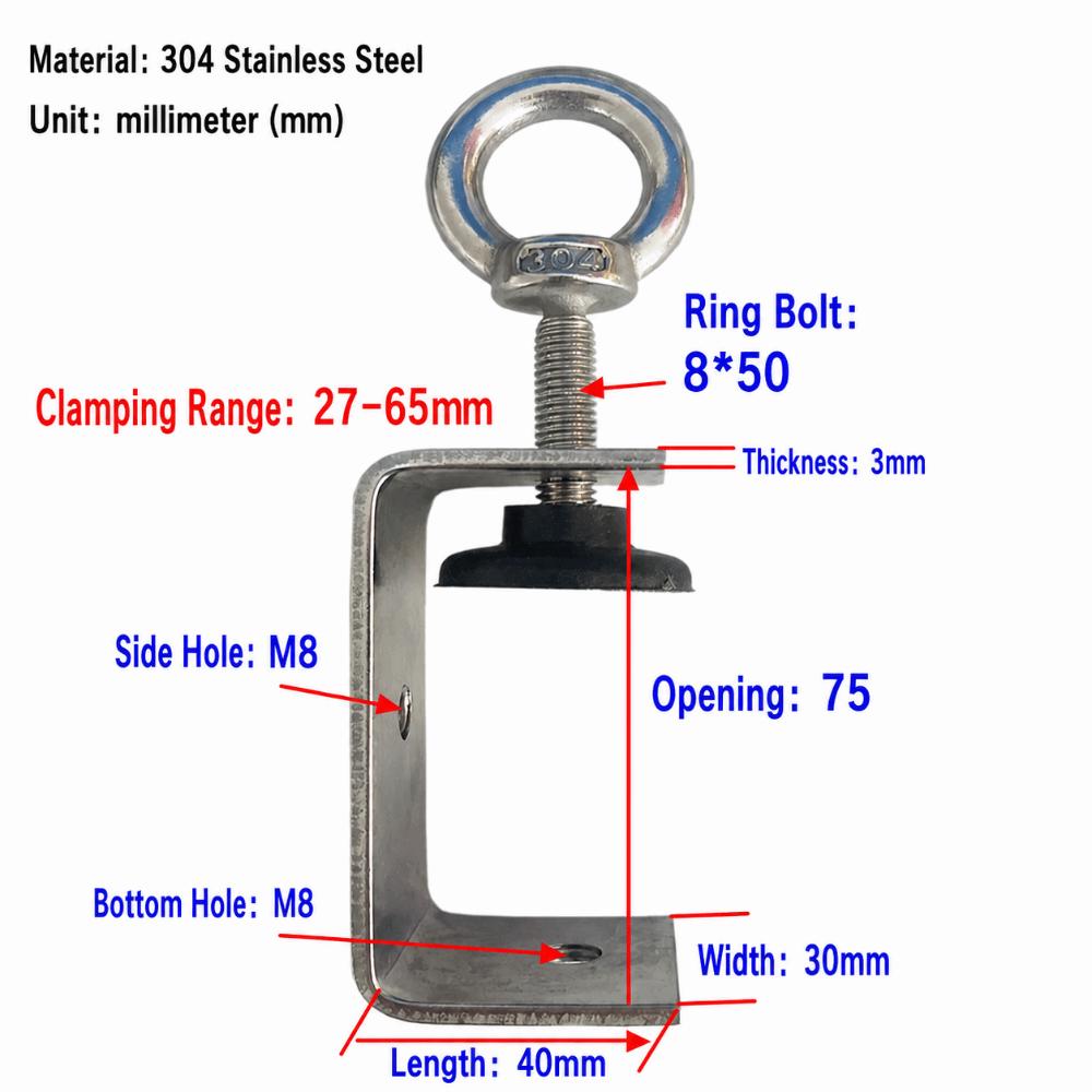 1pc 304 Stainless Steel Square Clamp Pull Ring Fixed Holder Clip C-clamp Hardware Fasteners