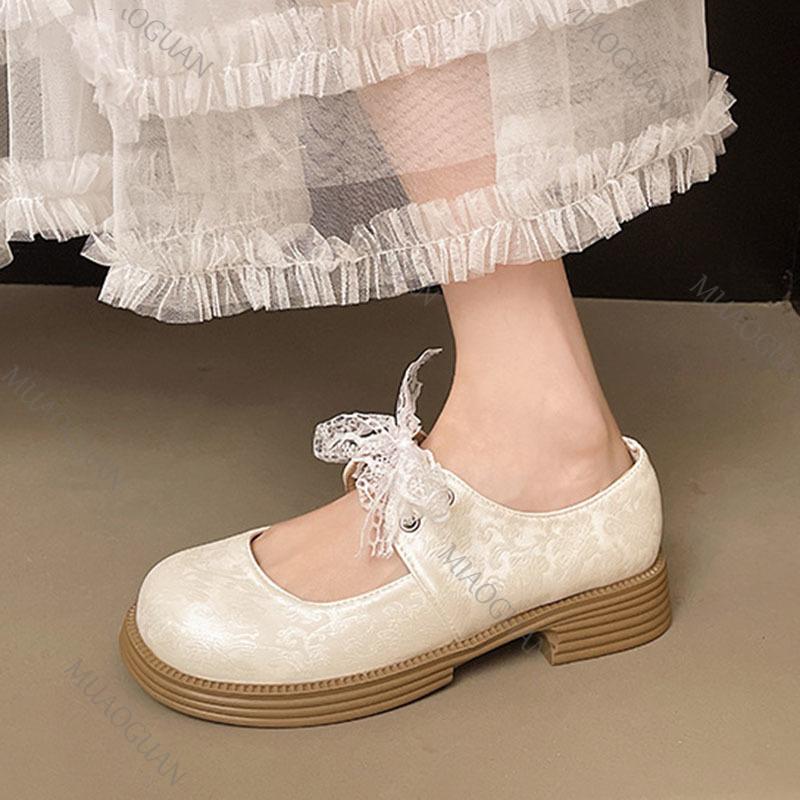 Retro Silver Heightening Pumps Thick Bottom Shallow Mouth Single Shoes Women Spring Autumn Lace Bow Middle Heel  Mary Jane Shoes