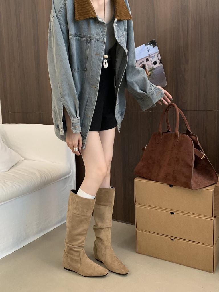 2025 New Suede Inner Western Cowboy Boots Stacked Long Boots Retro Flat Bottom But Knee Women's High Boots