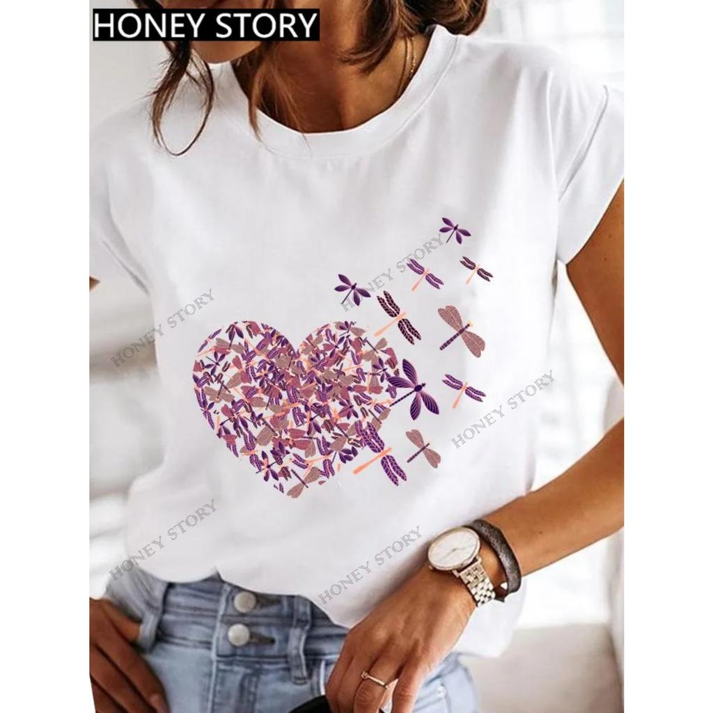 Dragonfly butterfly print blouse loose women's short-sleeved T-shirt round neck casual fashion daily