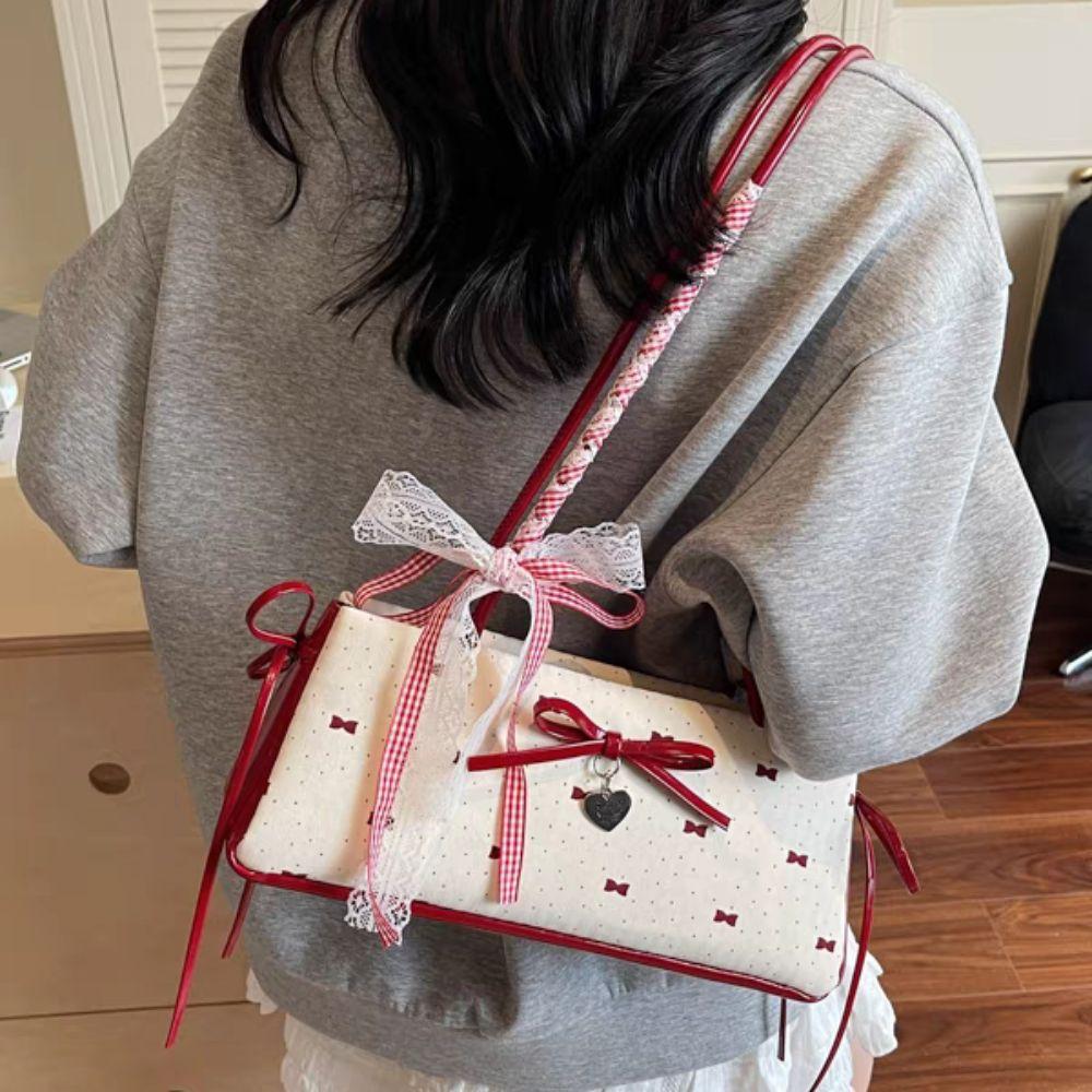 Ribbon Bow Lace Shoulder Bag Sweet Y2K Underarm Bag Portable Armpit Bag  School