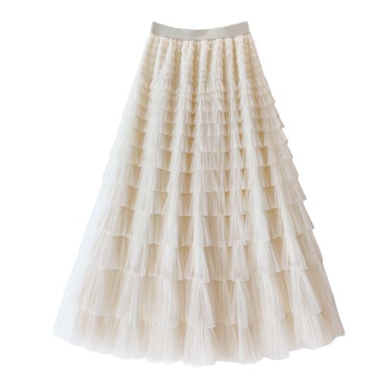 

Cake Skirt Elastic High Waist A-Line Skirt Pure Color Multi Layer Ruffle Trim Mesh Hem Midi Skirt Work Leisure Wear абрикосовий