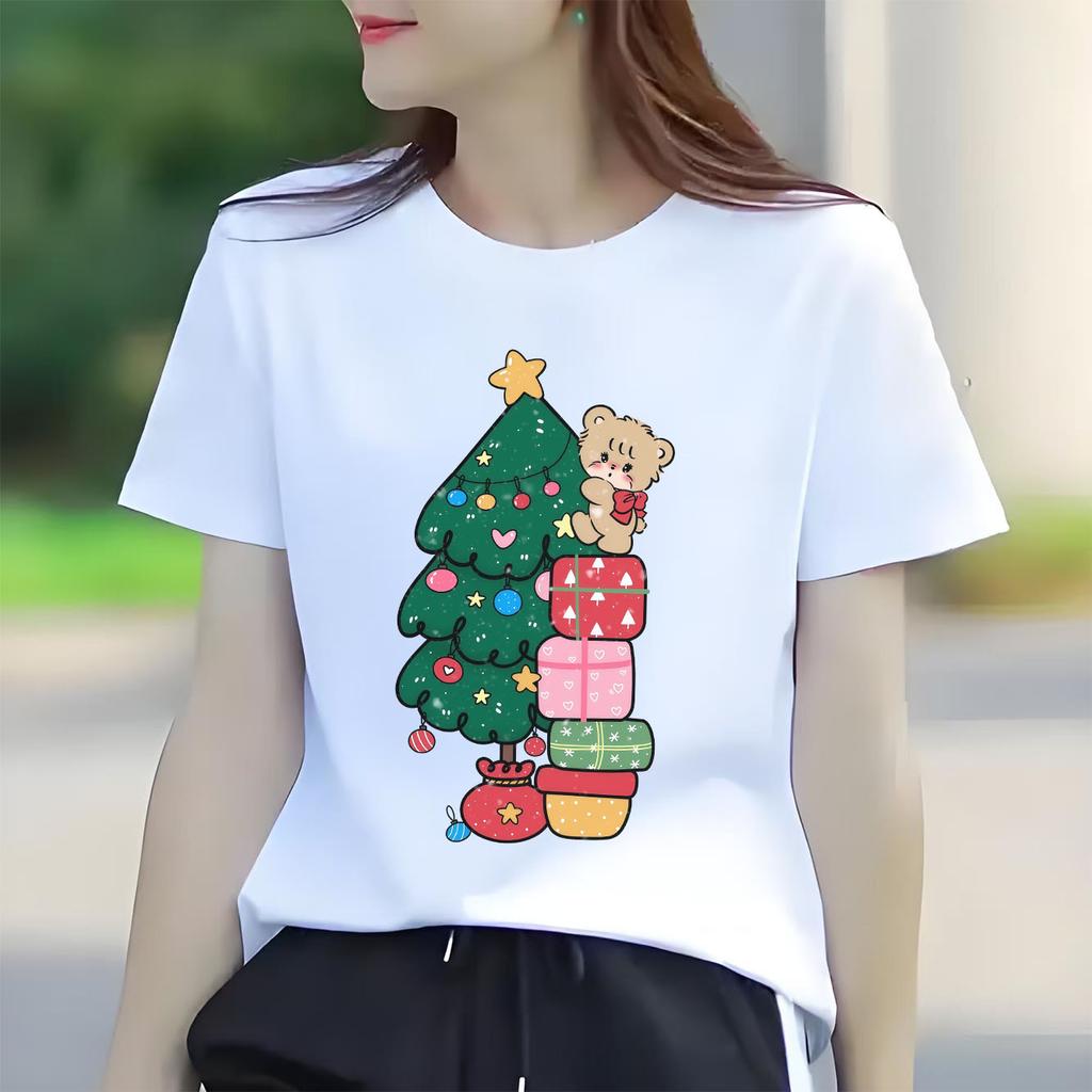 Cute Christmas Tree Christmas Gift Printed Pattern Tshirt Short Sleeve Round Neck Versatile Womens Tshirt