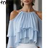 YYFS Mode Femme Casual Été Printemps Couleur Unie Impression Manches 3/4 Col Plongeant Chemisiers & Chemises