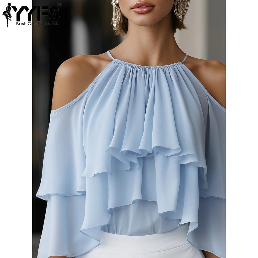 YYFS Mode Femme Casual Été Printemps Couleur Unie Impression Manches 3/4 Col Plongeant Chemisiers & Chemises
