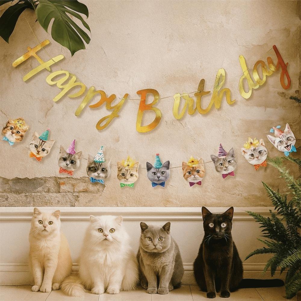 Cartoon Pattern Happy Birthday Banner Paper DIY Decoration Cat Garland Cute Animal Lucky Hanging Flag Kindergarten Decoration