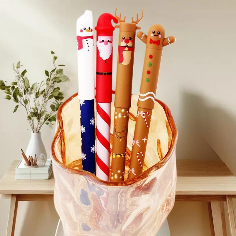 4 Adet Noel Temalı Silinebilir Jel Kalem Sevimli Noel Baba Kardan Adam Geyik Zencefilli Kurabiye Adam 4 Renkli Kalem Öğrenci Kırtasiye Hediye