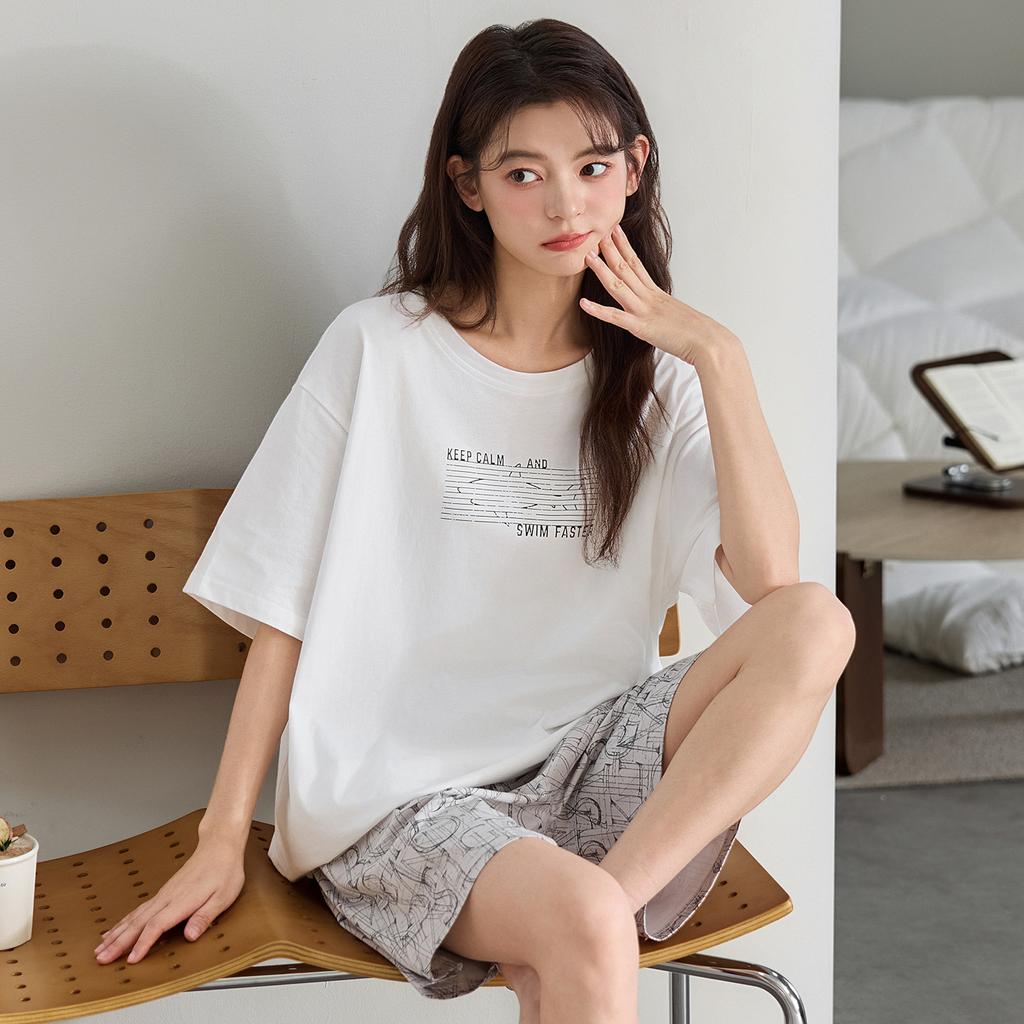 Pajamas women's summer cotton comfortable short-sleeved shorts simple white printing Korean outer wear women's loungewear set