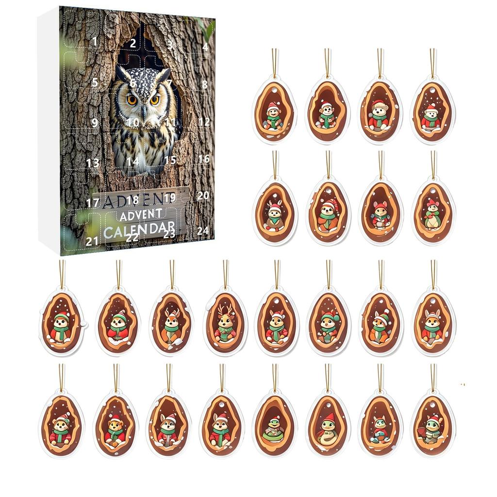 -Day 2D Christmas Advent Calendar Acrylic Car Hanging Ornament with Tree Hollow Animal Decorations