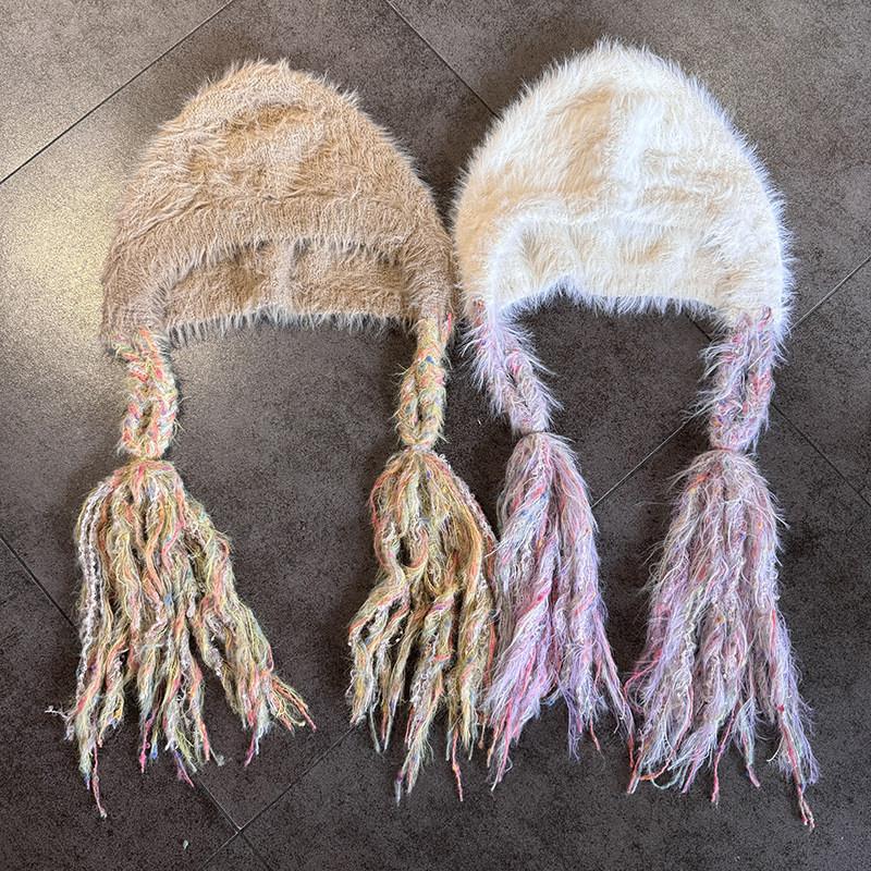 Trendy Girls Knitted Hat Warm Beanie With Cute Braids For Cold Weather Use