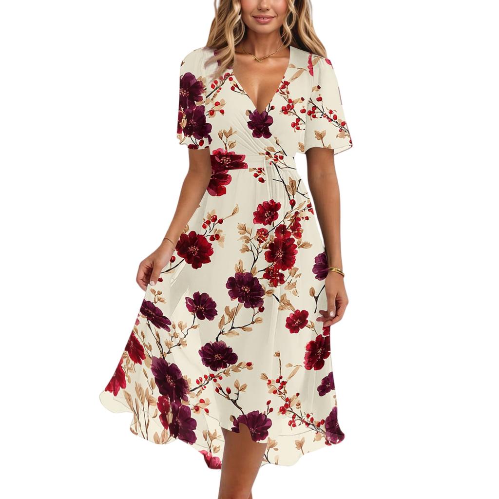 Women Casual V Neck Short Sleeve Floral Print Dress Vintage Style Midi Length Wrap Dress for Daily Wear