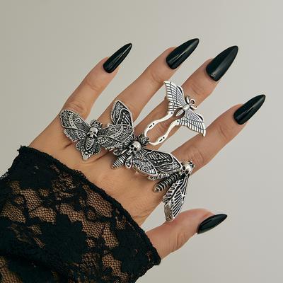 Kreativer Halloween Totenkopf Schmetterling Ring, Gothic Diablo Mottenflügel Ring Set