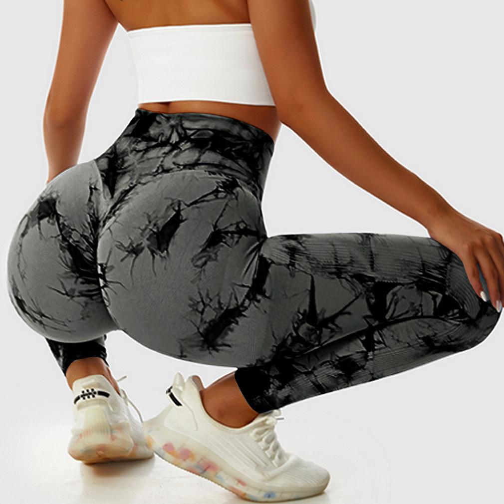 Bezešvé legíny na jógu s vysokým pasem a batikou - Zeštíhlující, design broskvového pozadí, vysoká elasticita, trendy fitness kalhoty.