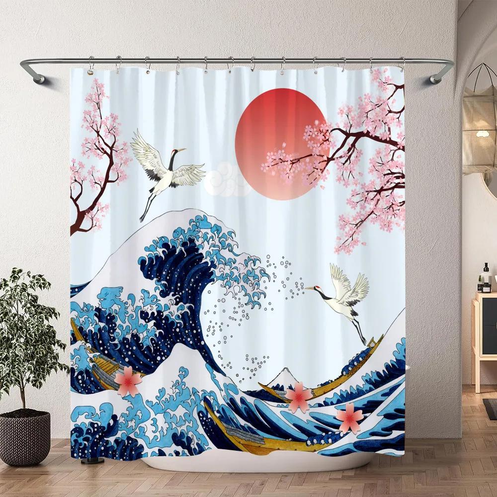 Japanese Cherry Blossom Watercolour Print Shower Curtain Koi Waves Chinese Ink Painting Polyester Shower Curtains Bathroom Decor