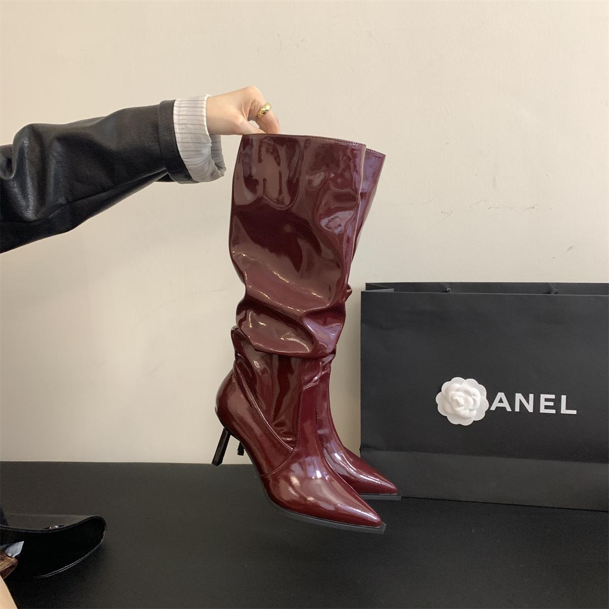 

French pleated stacking boots women s boots spring and summer small long boots European and American babes thin heels pointed black high boots 39 бордовий