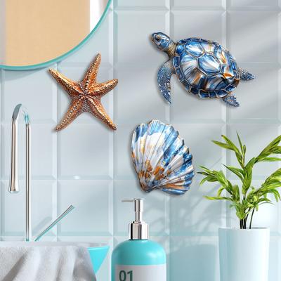 3/4 Piezas/Set Decoración de Pared de Madera con Forma de Pez Rústico de Granja Náutico Concha de Tortuga Estrella de Mar Escultura Arte de Pared Hogar Sala de Estar Baño Decorativo