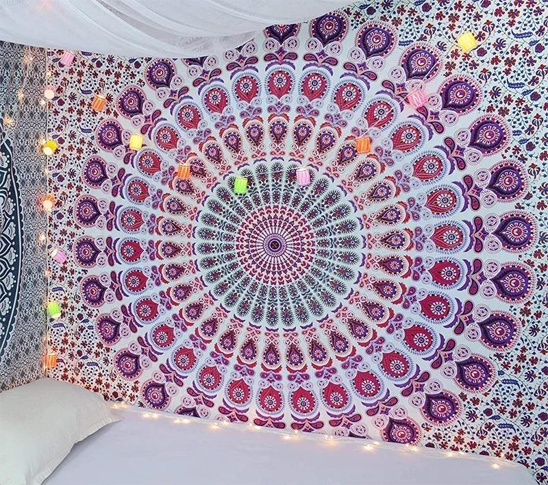 Indischer Hippie Bohemian psychedelisches Goldenes Blau Pfauen Mandala Wandbehang Feine Kunst Heimdekoration Wandteppich