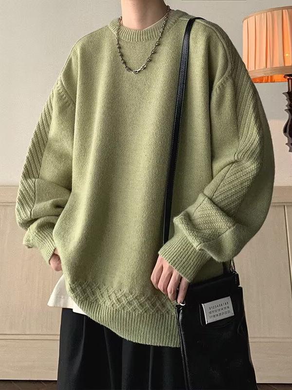 2025 Men's Retro Japanese Jacquard Sweater - Trendy Loose-Fit Round Neck Knitwear