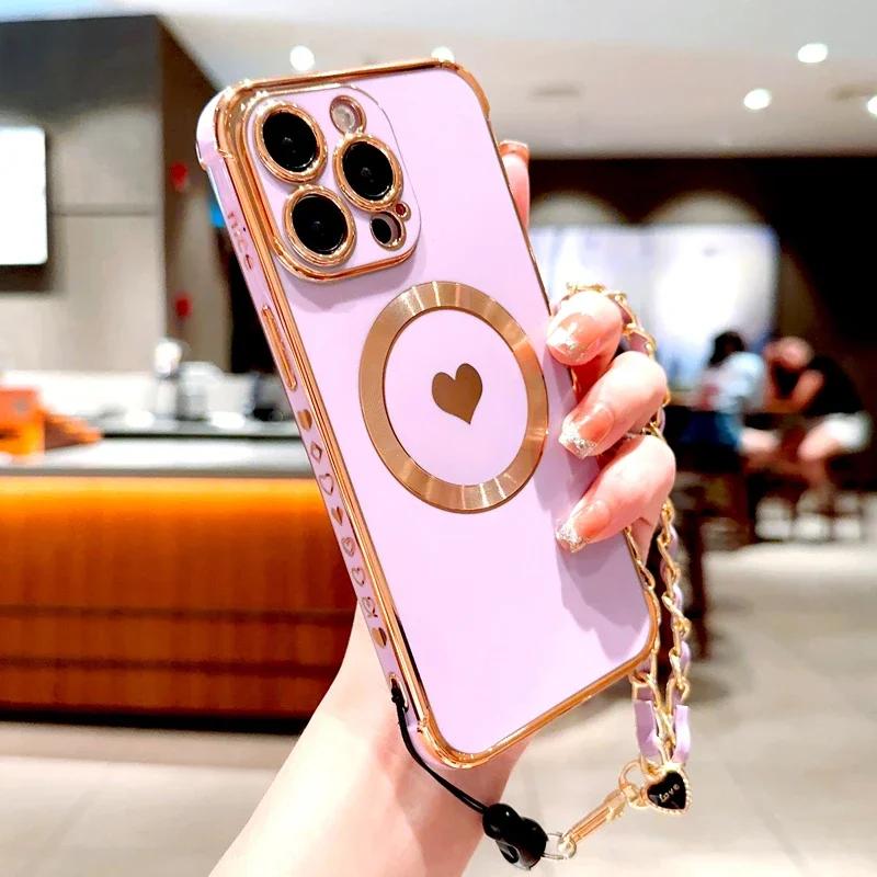 Plating TPU Case For iPhone 17 16 15 14 13 12 Pro Max Plus Air 16Pro 15Pro 14Pro for Magsafe Charge Wrist Lanyard Bracelet Cover