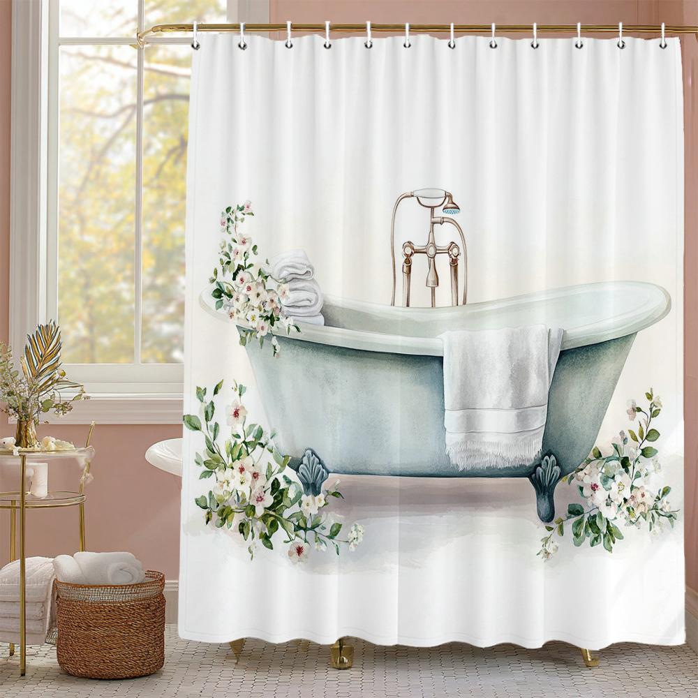 Flower Butterfly In the Bathtub Shower Curtain, Bathroom Decorative Shower Curtain, Waterproof Shower Curtain with Hooks