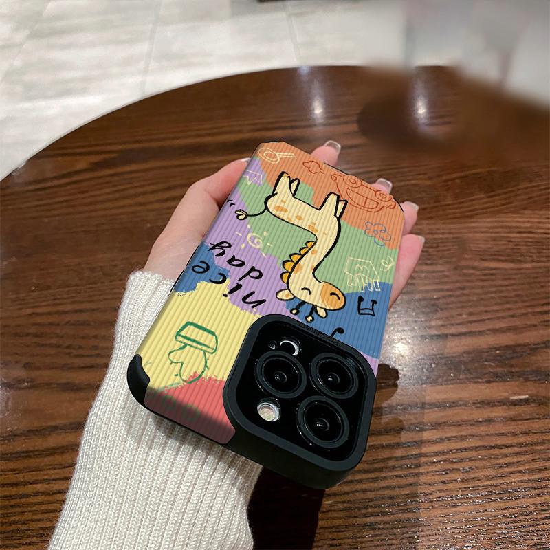 Vertical Grain Leather Cartoon Printed Soft Silicone Phone Case Back Cover with Camera Lens Full Protection for iPhone