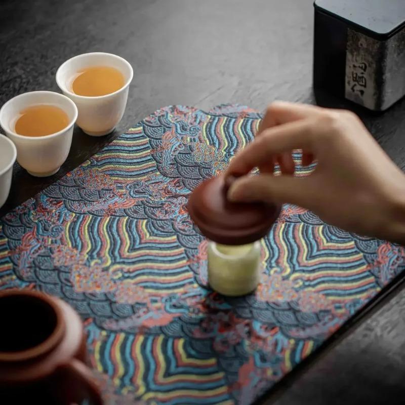 Double-Sided Brocade Tea Mat: Chinese Zen Style, Non-Slip Dry Brewing Pad for Tea Ceremony | Vintage Table Decor Mats & Pad