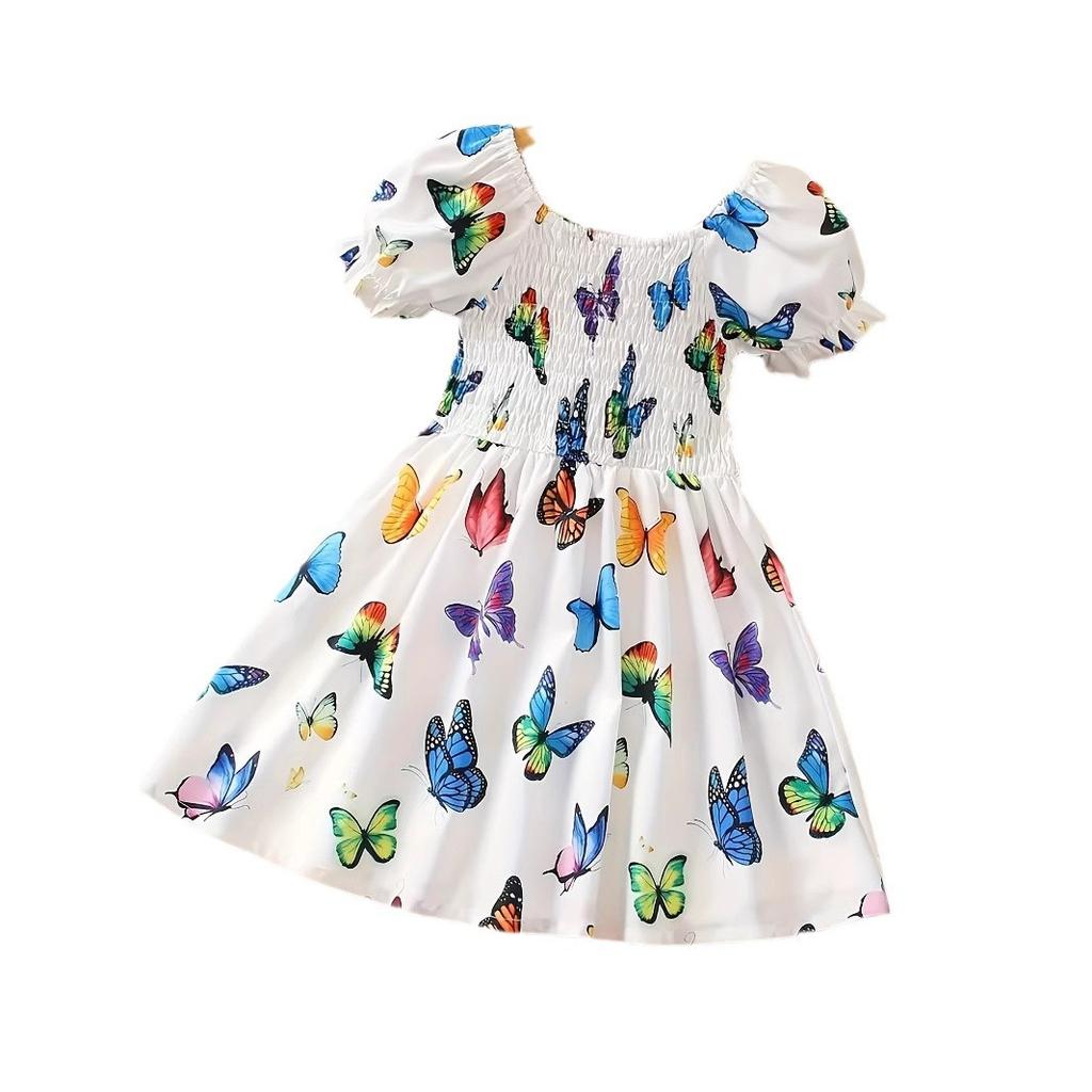 Girls Casual Butterfly Full Print Dress Summer Kids Dress Sweet