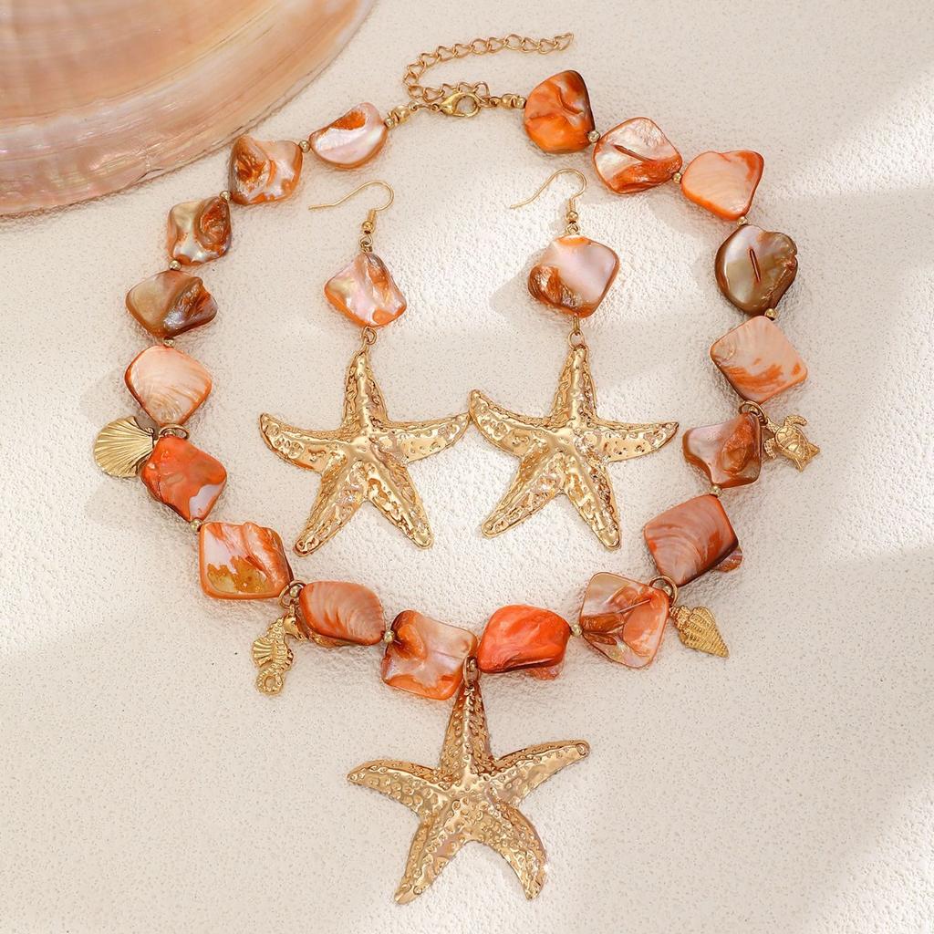 Boho Ocean Style Starfish Pendant Necklace and Drop Earring Set Irregular Natural Shell Beads Sea Animal Charms Women Beach Vacation Matching Jewelry
