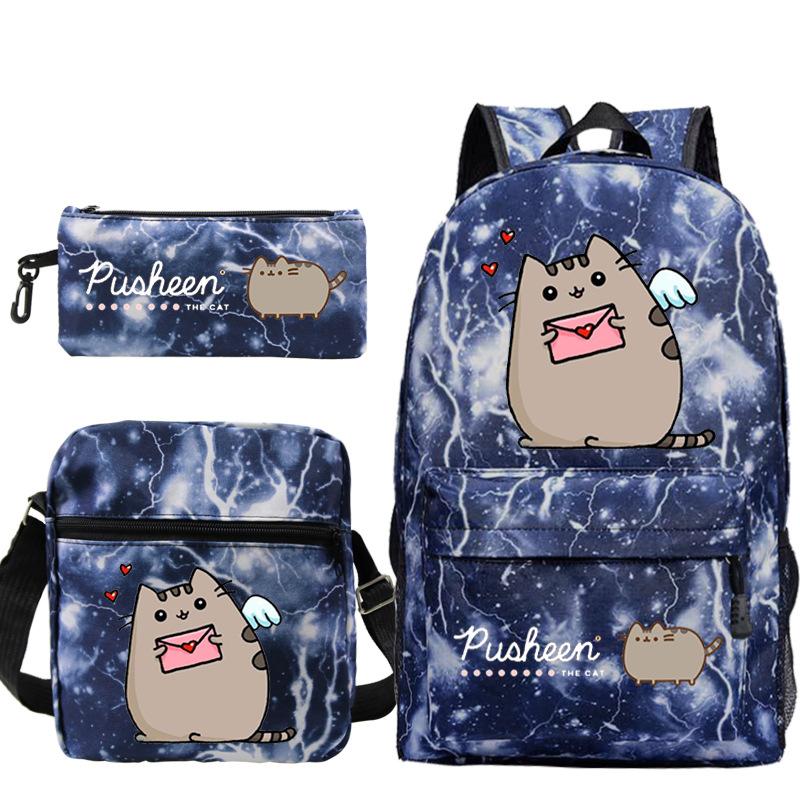 Pusheen fette Katze niedlicher Cartoon bedruckter Schulranzen grenzüberschreitende Studenten tragbare Umhängetasche Federmäppchen dreiteiliges Set
