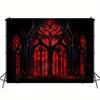 1 piece, 2D flat, Gothic black and red vintage banner backdrop with stained glass window design - perfect for party decorations,