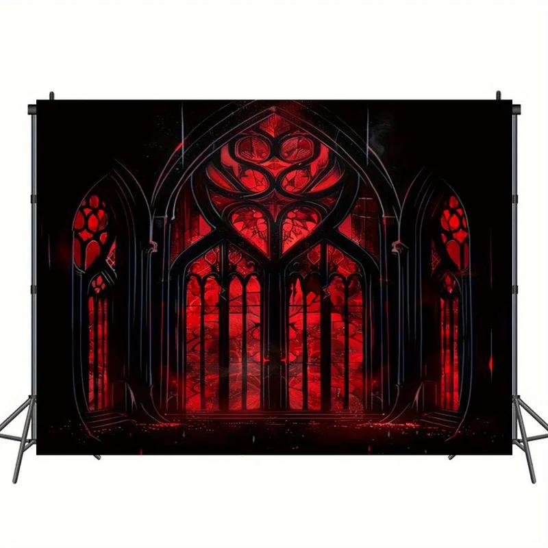 1 piece, 2D flat, Gothic black and red vintage banner backdrop with stained glass window design - perfect for party decorations,